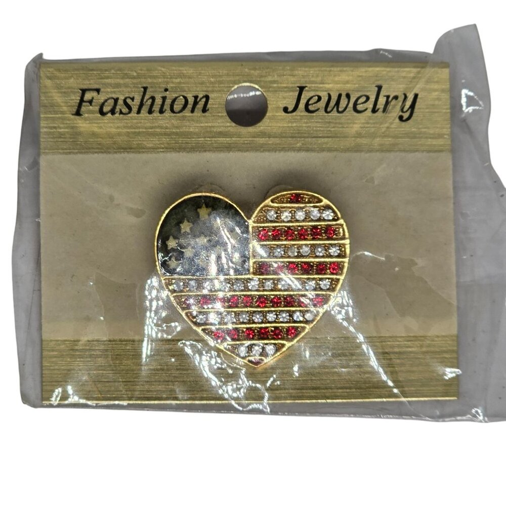 Heart Shaped American Flag Brooch Pin Gold Tone With Red & Blue Glitter Accents - Picture 1 of 2